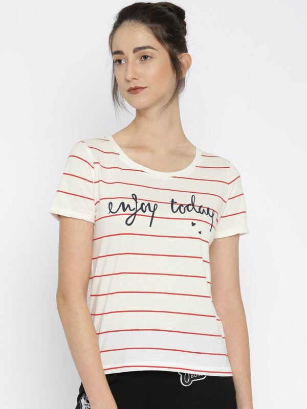 ONLY Women Off-White  Red Striped T-shirt