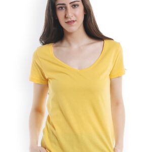 ONLY Women Yellow Solid V-Neck T-shirt