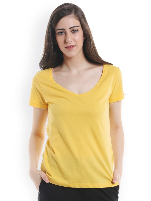 ONLY Women Yellow Solid V-Neck T-shirt