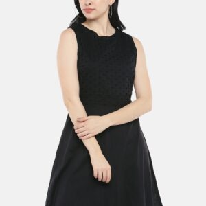 OVS Women Black Solid Fit and Flare Dress with Schiffli Embroidered Detail