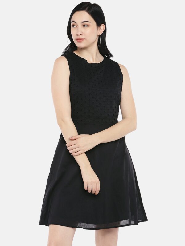 OVS Women Black Solid Fit and Flare Dress with Schiffli Embroidered Detail