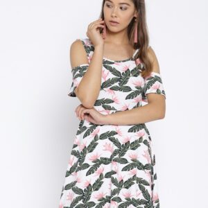 OVS Women White  Green Printed Fit and Flare Dress