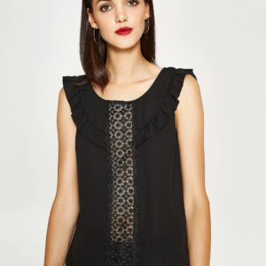 OVS Women Black Lace  Ruffle Detail Top