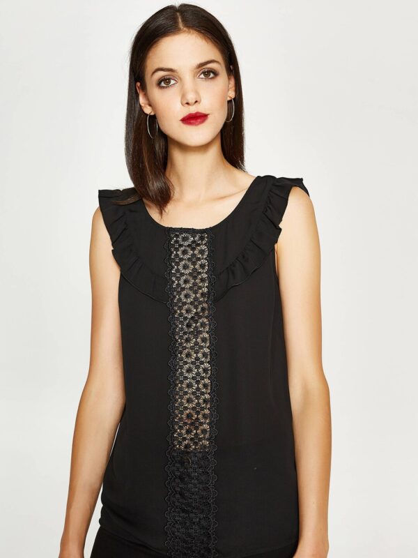 OVS Women Black Lace  Ruffle Detail Top