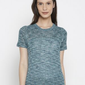 Pepe Jeans Women Blue Self-Design Round Neck T-shirt