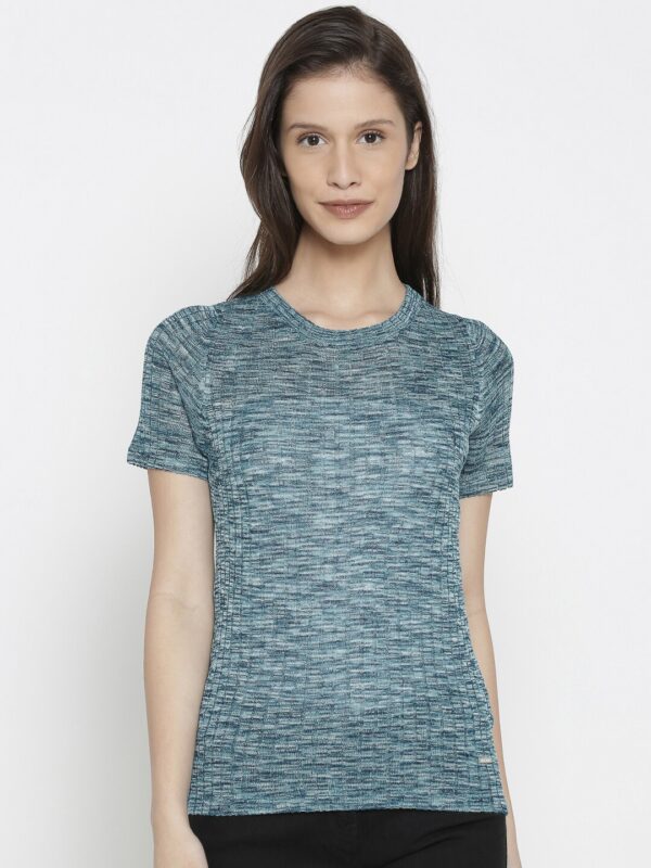 Pepe Jeans Women Blue Self-Design Round Neck T-shirt