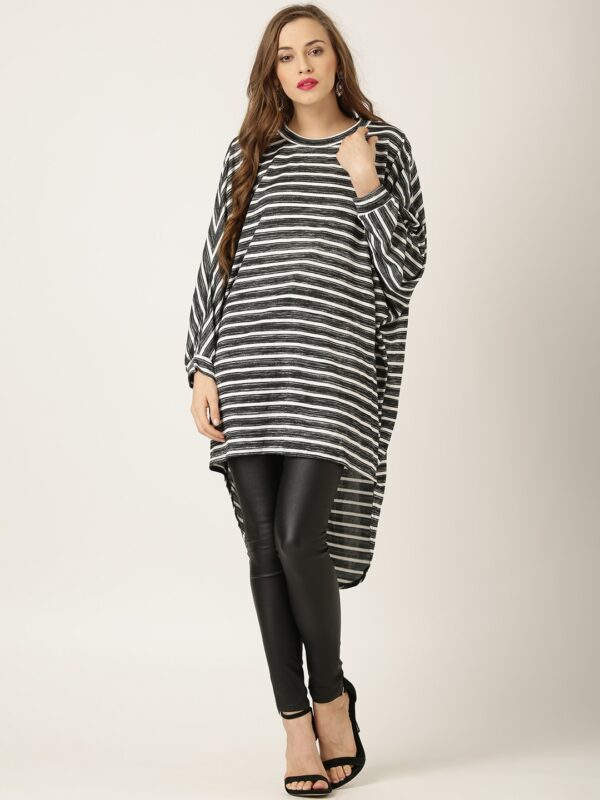 QUIZ Black  White Striped Longlined High-Low Top