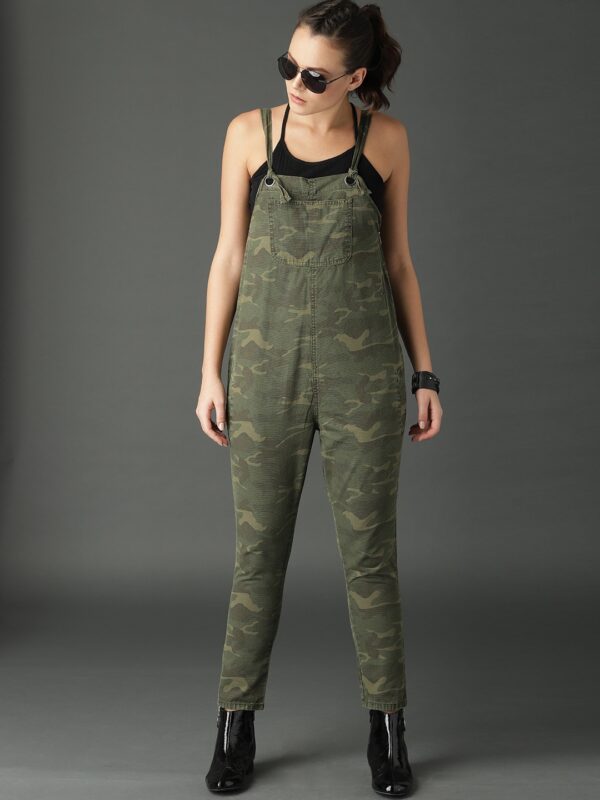 Roadster Women Olive Green Camouflage Printed Dungaree