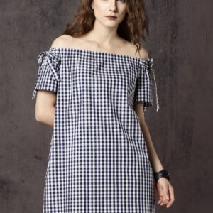 Roadster Time Travlr Women Blue  White Checked Off-Shoulder A-Line Dress