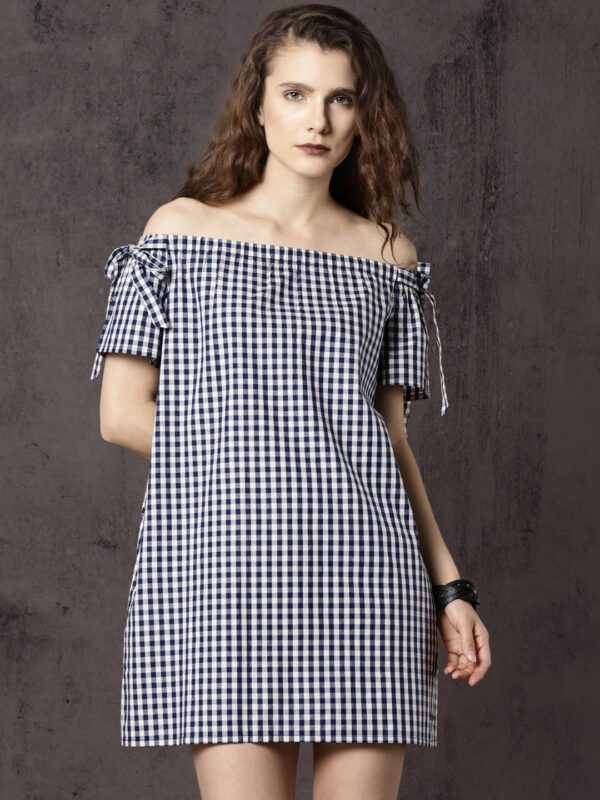 Roadster Time Travlr Women Blue  White Checked Off-Shoulder A-Line Dress