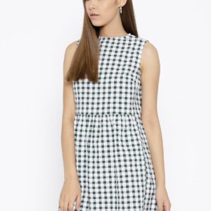 Roadster Women White  Green Checked A-Line Dress