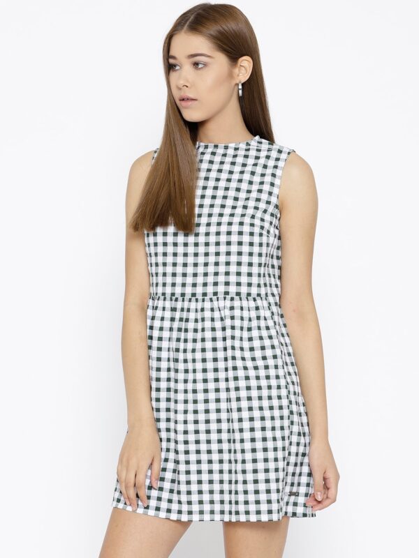 Roadster Women White  Green Checked A-Line Dress