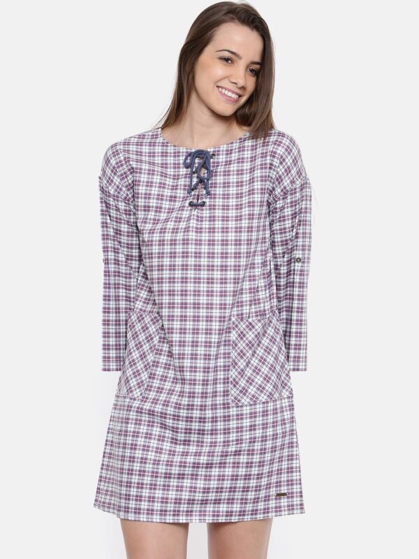 Roadster Women Grey  Off-White Checked A-Line Dress