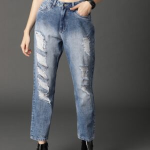 Roadster Women Blue Boyfriend Fit Mid-Rise Cropped Highly Distressed Jeans