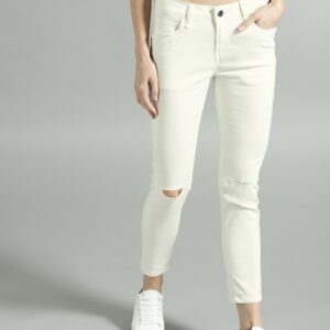 Roadster Women White Skinny Fit Mid-Rise Slash Knee Stretchable Jeans