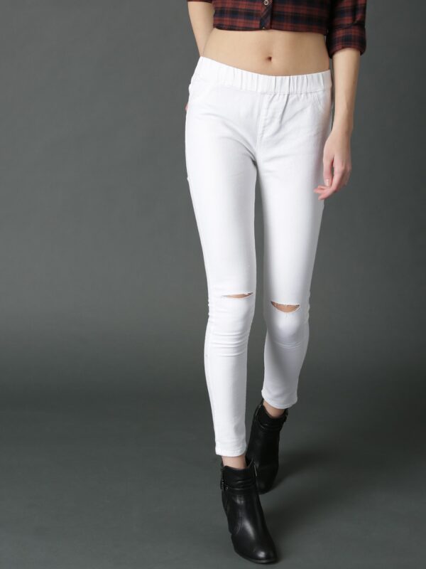 Roadster Women White Solid Slash Knee Jeggings