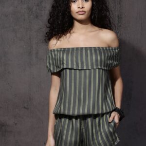 Roadster Green  Grey Striped Playsuit