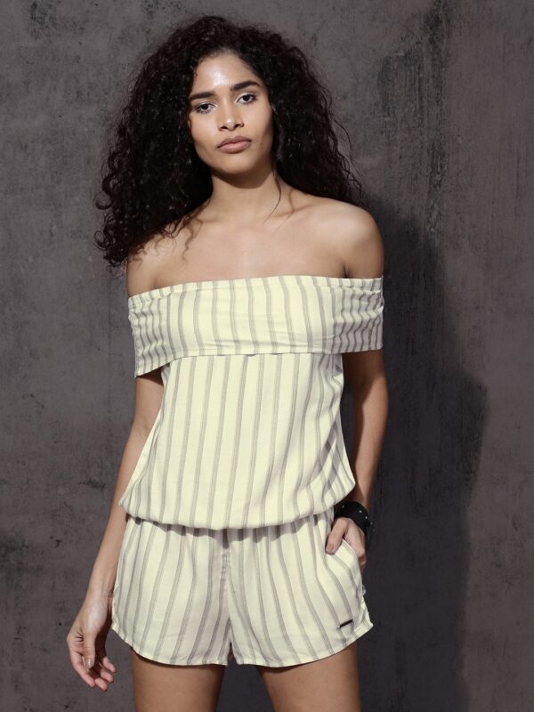 Roadster Cream-Coloured  Striped Playsuit