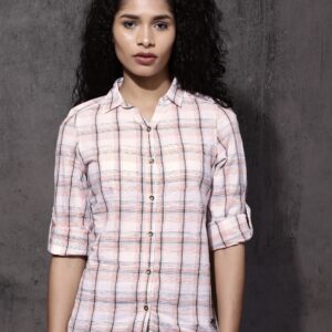 Roadster Women White  Orange Slim Fit Checked Casual Shirt