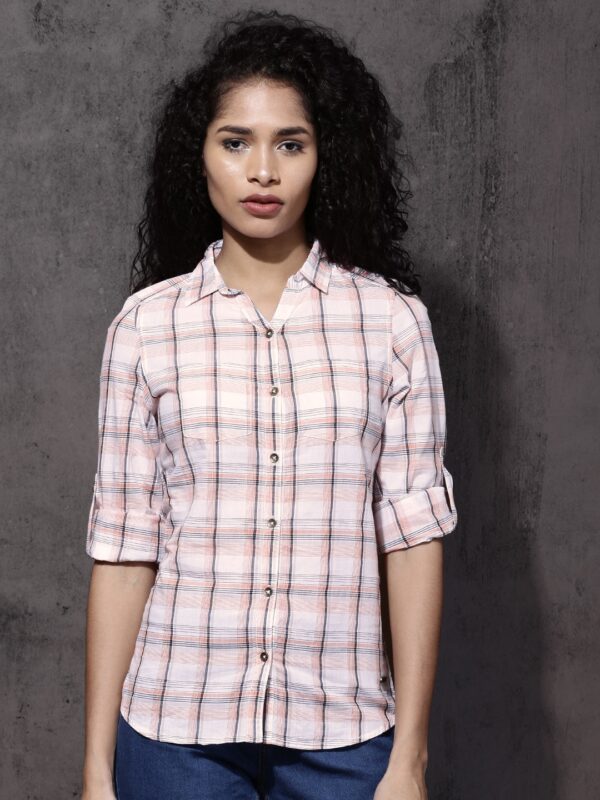 Roadster Women White  Orange Slim Fit Checked Casual Shirt