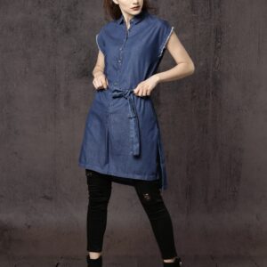 Roadster Women Blue Solid Denim Longline Shirt