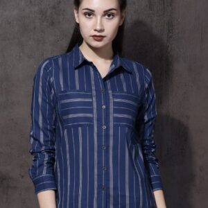 Roadster Women Blue  Off-White Regular Fit Striped Casual Shirt