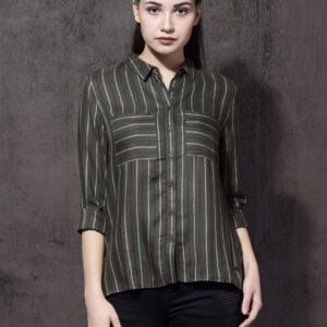 Roadster Women Grey Regular Fit Striped Casual Shirt