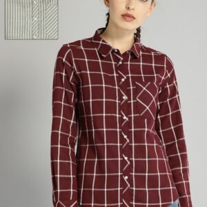 Roadster Women Maroon  White Reversible Checked Casual Shirt