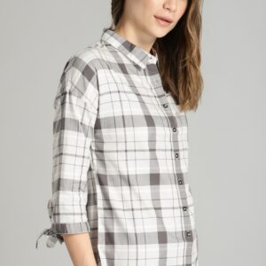 Roadster Women Off-White  Grey Regular Fit Checked Casual Shirt