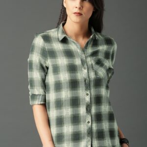 Roadster Fast and Furious Women Off-White  Olive Green Regular Fit Checked Casual Shirt