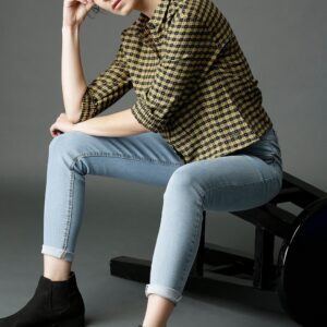 Roadster Women Mustard Yellow  Black Boxy Fit Dobby Checked Shirt