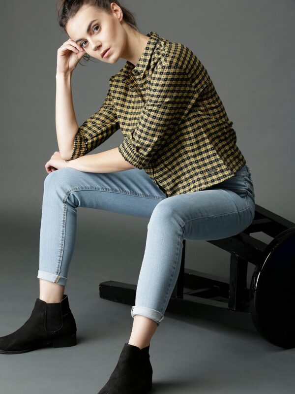 Roadster Women Mustard Yellow  Black Boxy Fit Dobby Checked Shirt