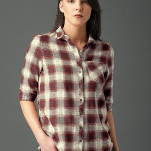 Roadster Women Off-White  Maroon Regular Fit Checked Casual Shirt