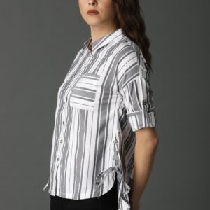 Roadster Women White  Black Regular Fit Striped Casual Shirt