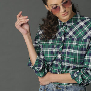 Roadster Women Green  Navy Boxy Fit Checked Shirt with Yoke