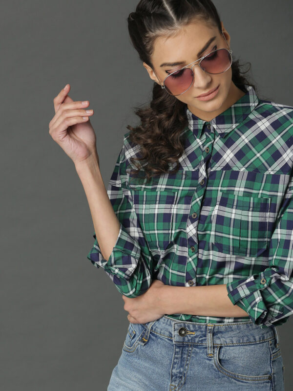 Roadster Women Green  Navy Boxy Fit Checked Shirt with Yoke