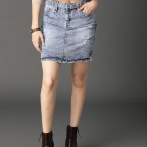 Roadster Women Blue Shell Fabric Belt Acid Wash A-line Denim Skirt