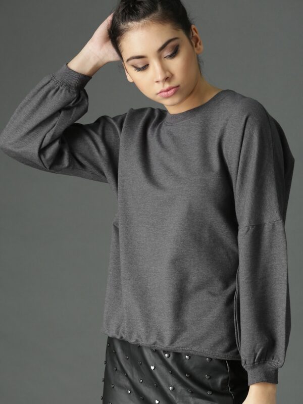 Roadster Women Charcoal Grey Solid Sweatshirt