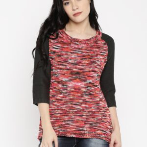 RDSTR Women Red  Charcoal Grey Self-Design Sweater