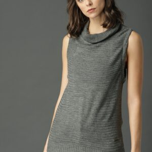 Roadster Women Grey Self Design Sweater Vest