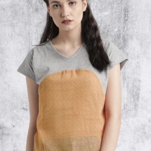 Roadster Women Grey Melange  Peach-Coloured Printed Top