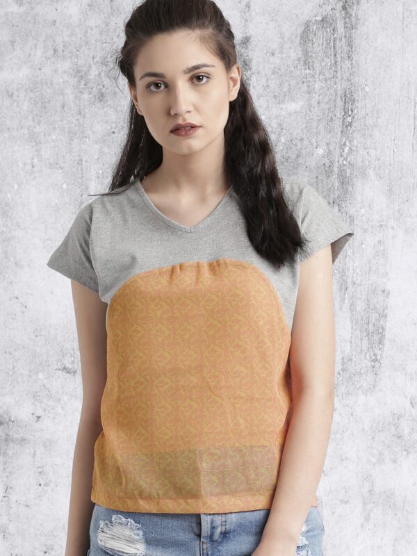 Roadster Women Grey Melange  Peach-Coloured Printed Top