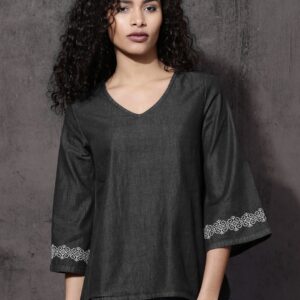 Roadster Women Charcoal Grey Top with Embroidered Detail