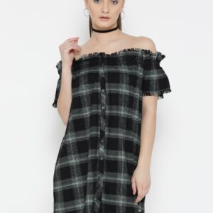 Roadster Women Black  Green Checked Off-Shoulder Shift Dress