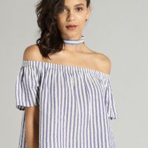 Roadster Women White  Blue Striped Bardot Top