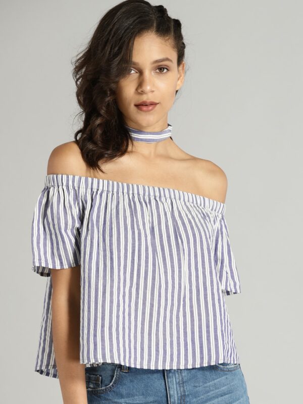 Roadster Women White  Blue Striped Bardot Top