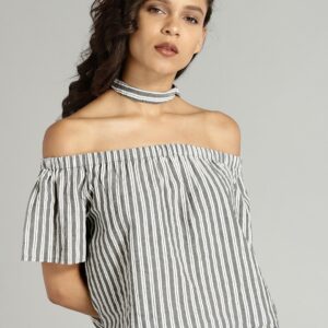 Roadster Women White  Black Striped Bardot Top