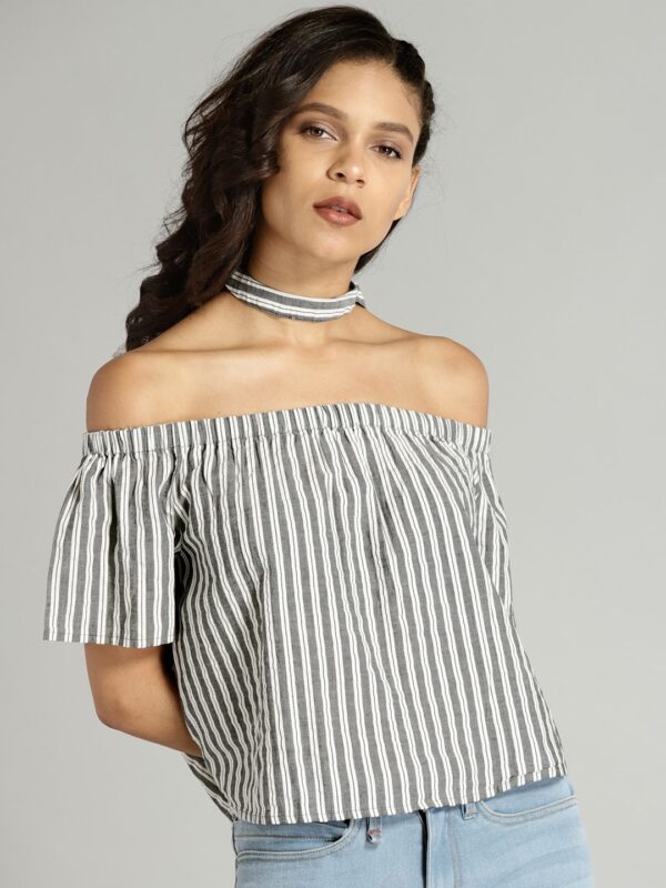 Roadster Women White  Black Striped Bardot Top