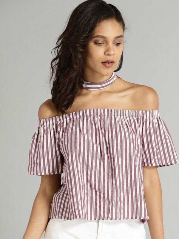 Roadster Time Travlr Women Maroon  Off-White Striped Bardot Top