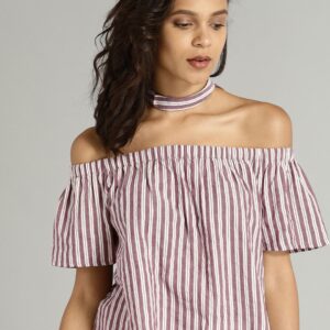 Roadster Time Travlr Women Maroon  Off-White Striped Bardot Top